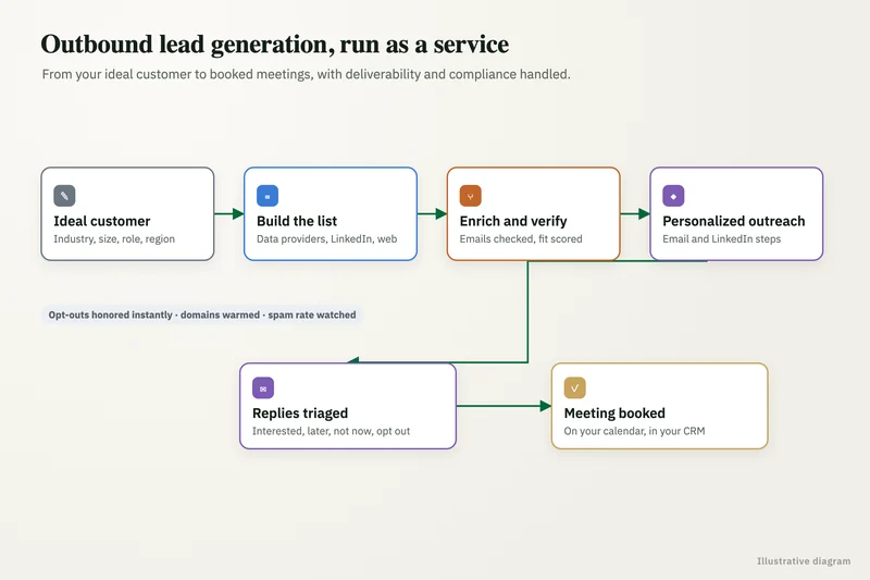 Diagram of an AI sales automation flow from list building and enrichment to sequenced outreach, CRM sync and handoff of replies to a sales rep